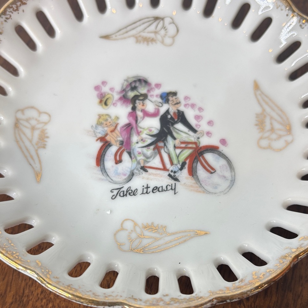 Vintage White gold Porcelain Trinket Dish with 'Take it Easy” Bicycle Japan